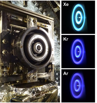 Figure 0 2 - TANDEM thruster mounted in LVTF-3 (left) and firing at high power (14-20 kW) in multiple propellants (right).