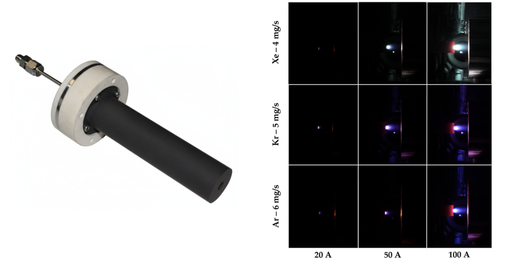 Figure 0 2 – CHEOPS cathode (left) and cathode firing in multiple propellant at low- and high-current conditions (right)