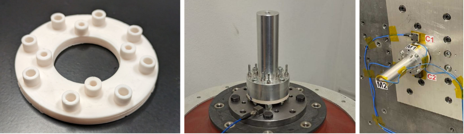 Figure 2- An FFF-produced alumina flange (left), and its subsequent random vibration test (middle) and pyroshock test (right) with a dummy cathode.