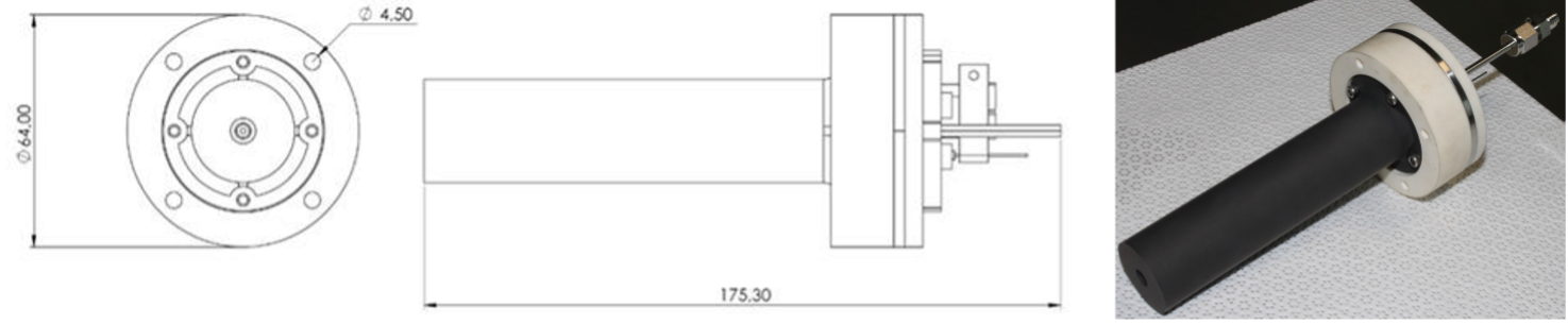 Figure 3: The mechanical drawings of the new high-current hollow cathode with the main envelope dimensions (left) and the subsystem after the assembly (right).
